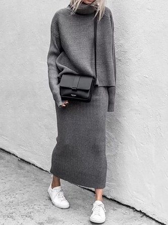 High Neck Knit Loose Sweater & High Waist Skirt Sets