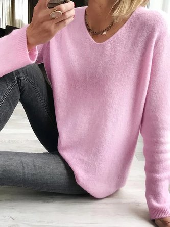Plus size V Neck Loose Casual Plain Sweater