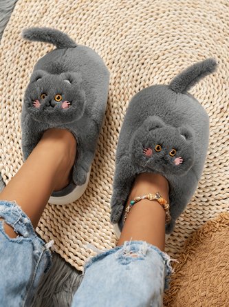 Casual Cartoon Cat Embroidery Fleece Fluffy Slippers
