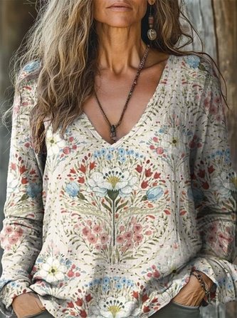 100% Cotton🍃Women's Retro Pattern Print Casual V-neck Long Sleeve T-shirt