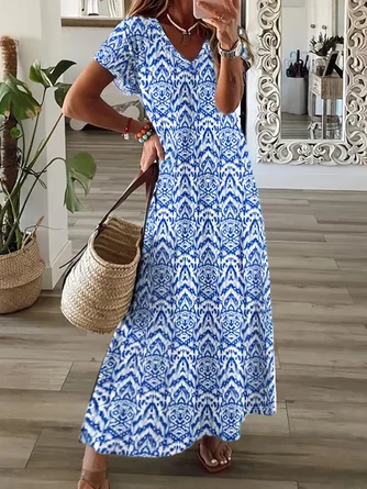 Geometric Spring Print V Neck Short Sleeve Slit Dress