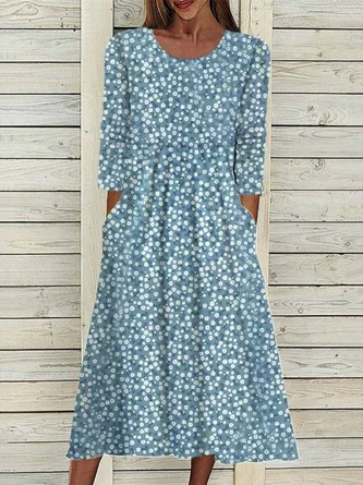 Floral Print Round Neck Everyday Long Casual Shift Dress