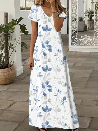 Floral Print V Neck Short Sleeve Slit Dress