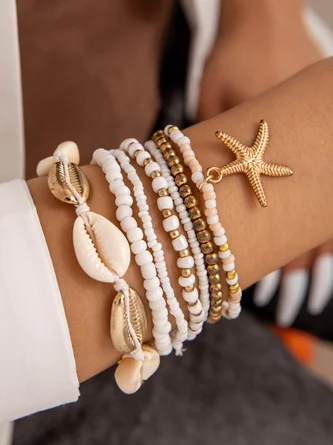 Bohemian Style Vacation Themed Beaded Woven Bracelet Set Starfish Seed Beads
