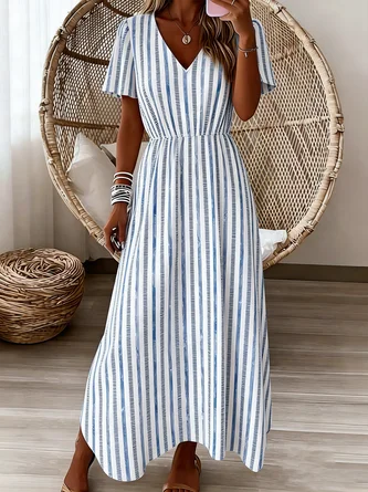 Loose V Neck Linen Blend Vintage Dress No