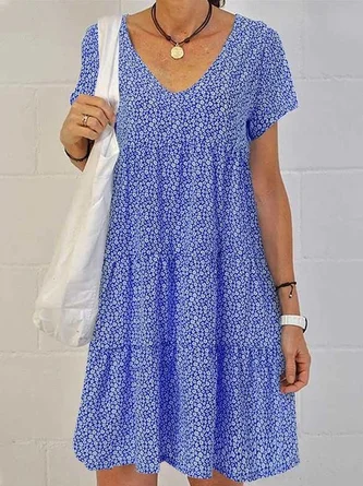 Short Sleeve Summer Royal Blue Floral Printing V Neck Daily Going Out Casual Midi Line Tank Dress