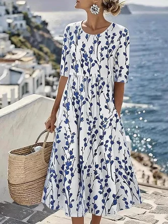 Vintage Floral Round Neck Short Sleeve Casual Dress