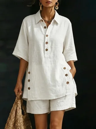 Cotton Blend Shawl Collar Short Sleeve Button Top Shorts Casual Two Piece Set