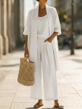 Cotton Blend Round Neck Plain Elegant Vacation Matching Outfit