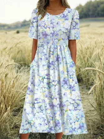 Short Sleeve Summer As Picture Floral Printing Crew Neck Daily Going Out Casual Maxi H Line Shift Dress Dress