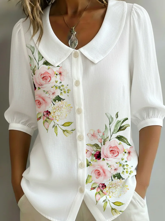 Half Sleeve Shirt Summer Floral Printing Shawl Collar Daily Going Out Casual Top