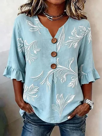 Half Sleeve Blouse Summer Floral Printing V Neck Daily Going Out Vintage Top
