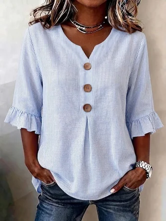 Half Sleeve Blouse Summer Striped Printing V Neck Daily Going Out Vintage Top