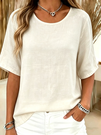 Women Plain Crew Neck Vintage Short Sleeve T-shirt