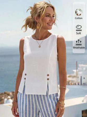 Cotton Plain Round Neck Sleeveless Slit Hem Design Button Casual Top