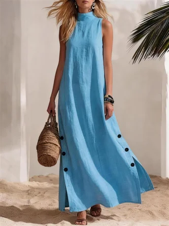 Casual Block Buttoned Mock Neck Maxi Dress