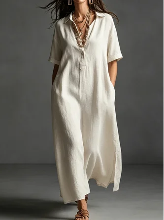 Casual Plain Shirt Collar Midi Dress