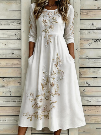 Vintage Crew Neck Cotton-Blend Dress With No
