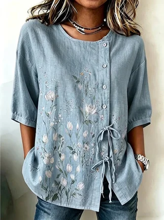 Half Sleeve Shirt Summer Floral Crew Neck Daily Going Out Vintage Top