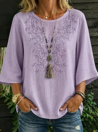 Half Sleeve Blouse Summer Floral Printing Crew Neck Daily Going Out Vintage Top