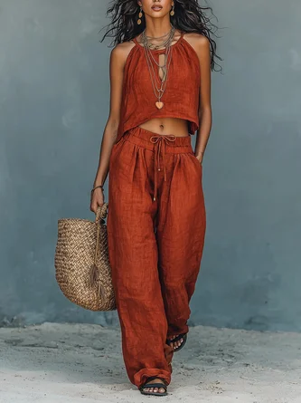 Casual Plain Halter Neck Two Piece Set