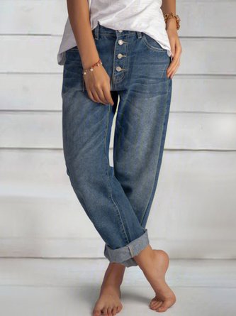 Blue Casual Buttoned Jeans Denim Trousers
