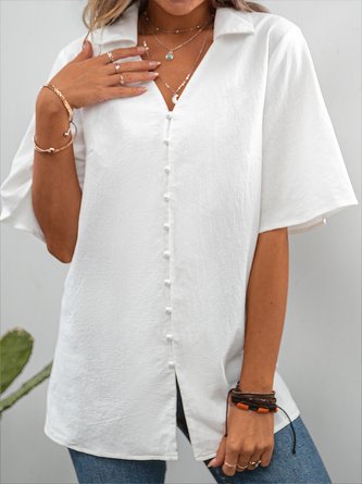 V Neck Shift Casual Button Cotton and Linen White Short Sleeve Blouse