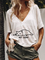 Cat Printed Women Summer Casual V neck T Shirt Tops