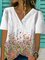 White Floral-Print Cotton-Blend Casual V Neck Top