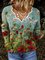New Women Fashion Plus Size Casual Floral Vintage Long Sleeve V Neck Shirts Tops