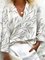 V-neck Cotton And Linen Leaf Print Blouse
