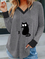 Cat Print Casual Cotton Blends V Neck Shirts & Tops