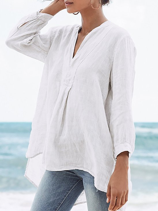 Solid V Neck Casual 3/4 Sleeve Plus Size Shirt