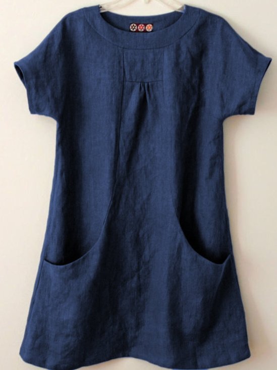 Women's Blouse Cotton Linen Plain Colour Round Neck Pockets Linen Tunic Top