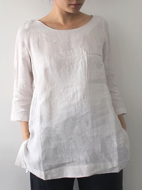 Women's Shirt Blouse Linen Plain White Casual Basic Round Neck LongSleeve Linen and Cotton Tunic