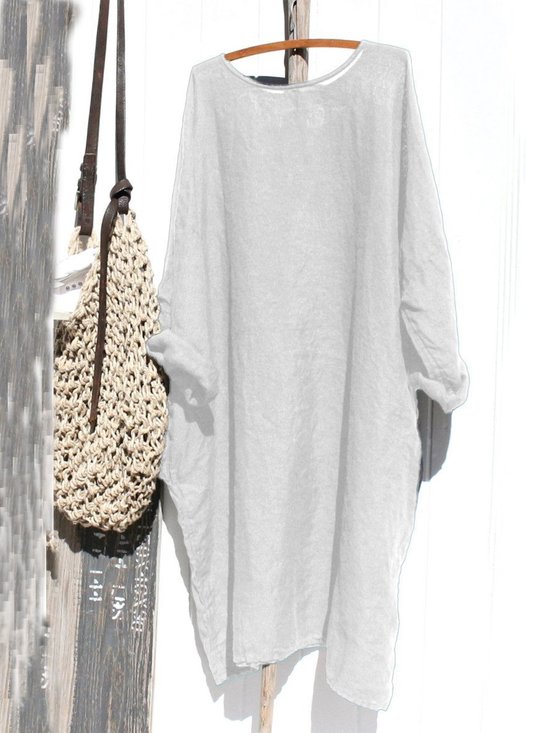 Women Casual Crew Neck Solid Long Sleeve Cotton and Linen Dress