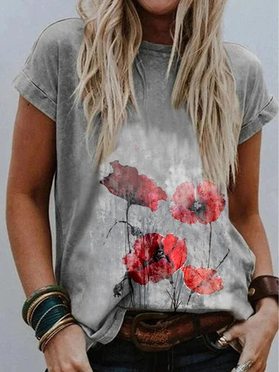 Print Floral Round Neck Short Sleeve Casual T-shirt
