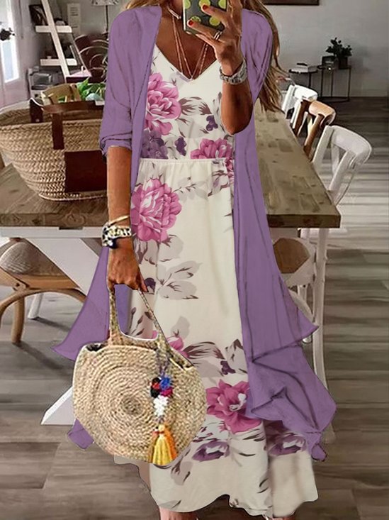 Two Piece Long Sleeve Casual V-neck Floral Printed Maxi Dress