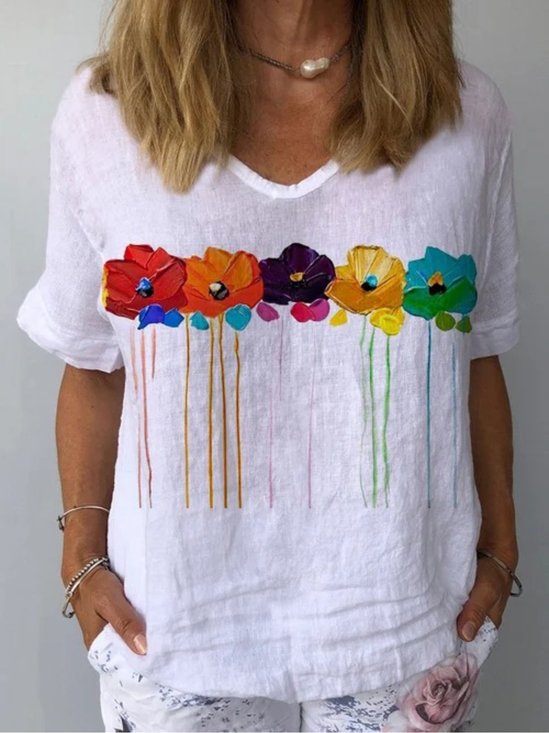 Women Casual Loose V Neck Floral Short Sleeve Summer T-shirt