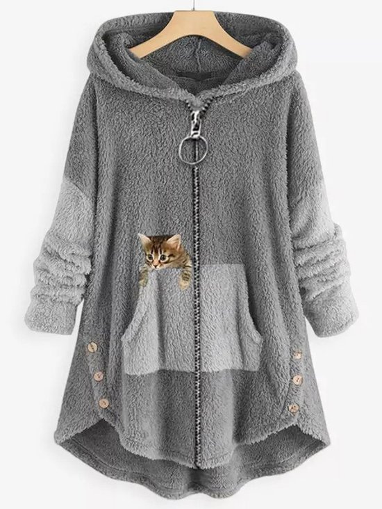 Women Color Block Cat Print Fleece Fluff/Granular Zipper Hoodie Coat With Button Pockets