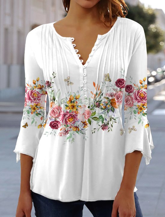 Women Casual Floral Flowy Three Quarter Sleeve Ruched V Neck Buttoned Tunic Top