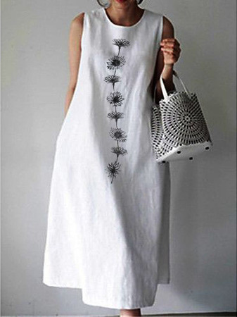 Crew Neck Casual Floral Summer Cotton And Linen Sleeveless Dress