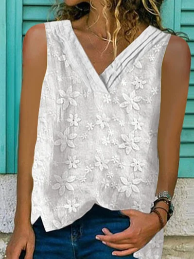 Women Casual Floral Lace Plain Loose Sleeveless V Neck Summer Tank Top