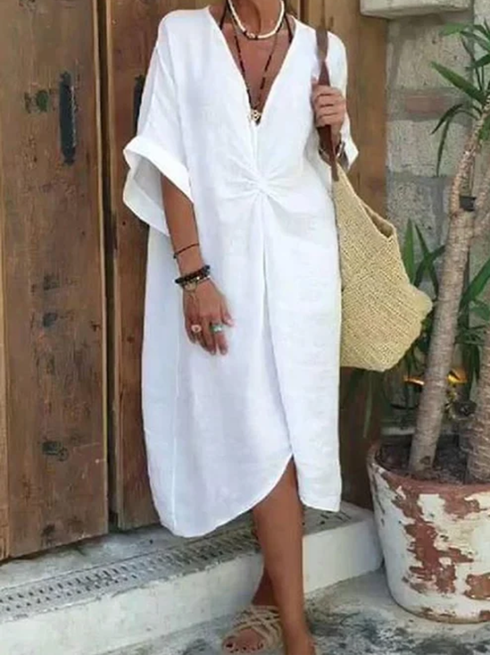 Women Loose Comfortable Summer Cotton Linen V-Neck Short sleeve White Dress