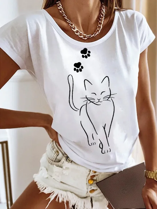 Women Cat Crew Neck Casual Short Sleeve T-shirt
