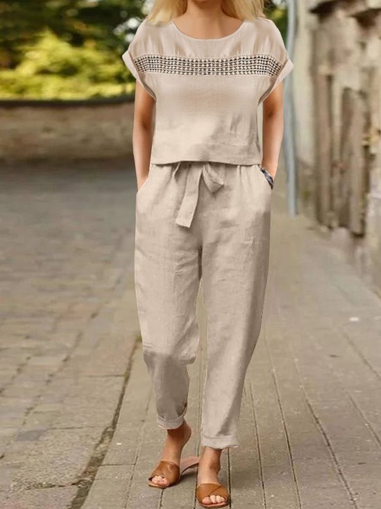 Casual Outfits Plain Suits Hollow Out Lace Short Sleeve T-shirt and Drawstring Waist Pockets Trousers Pants Two-Piece Sets