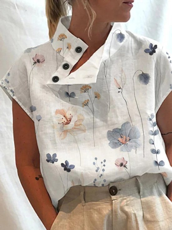 Women Floral Casual Half Open Collar Button Loose Short Sleeve Blouse