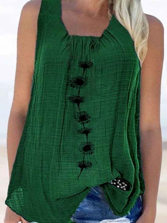 Women Green Loose Ruched Crew Neck Floral Sleeveless Cotton Linen Tank Top