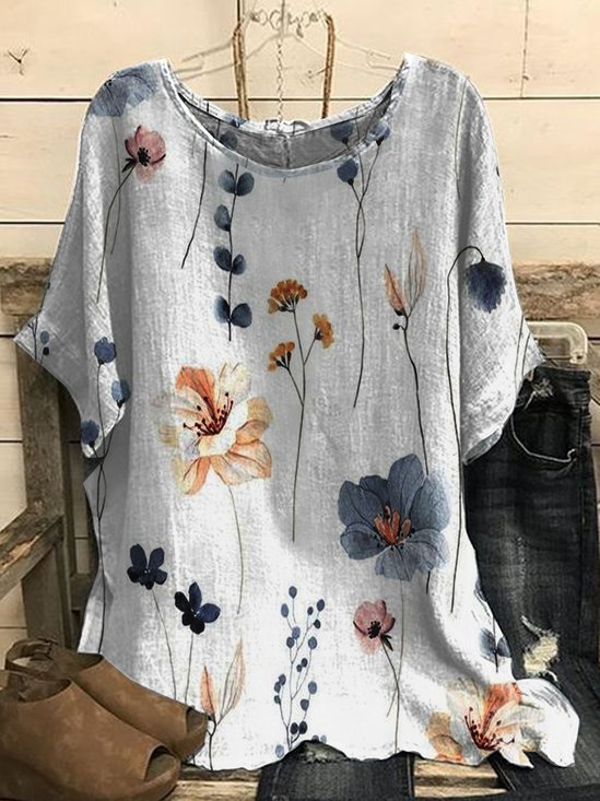 Women Casual Floral Loose Crew Neck Short Sleeve Tunic Top