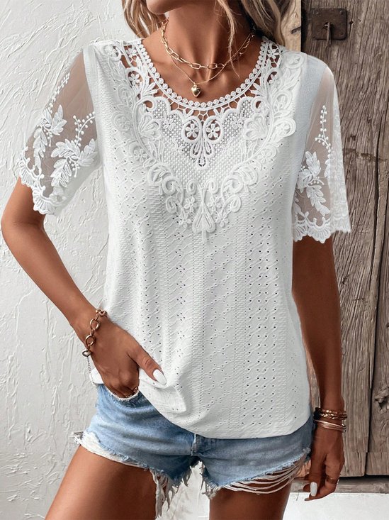 Crew Neck Casual Loose Lace Shirt